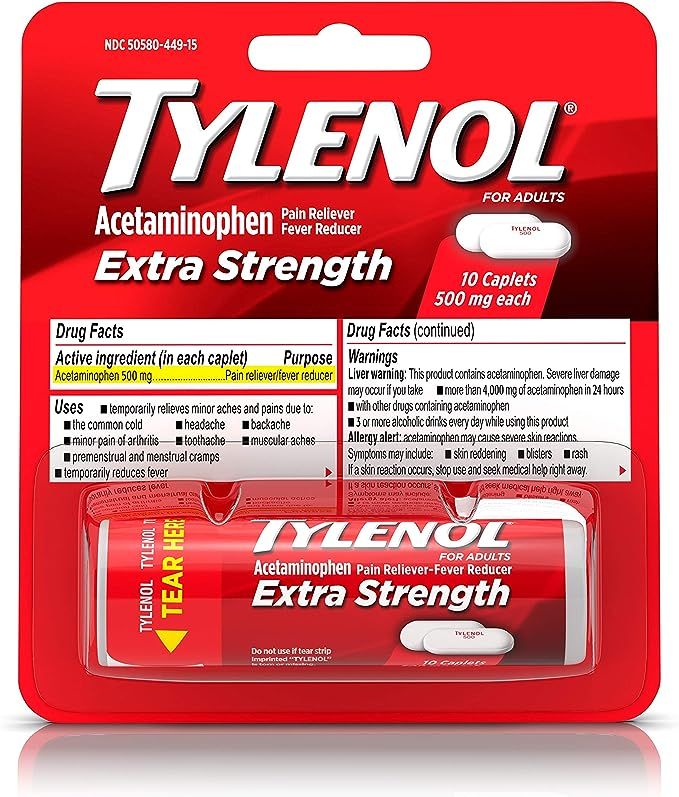 Tylenol Extra Strength Caplets with 500 mg Acetaminophen, Pain Reliever & Fever Reducer, 10 ct | Amazon (US)