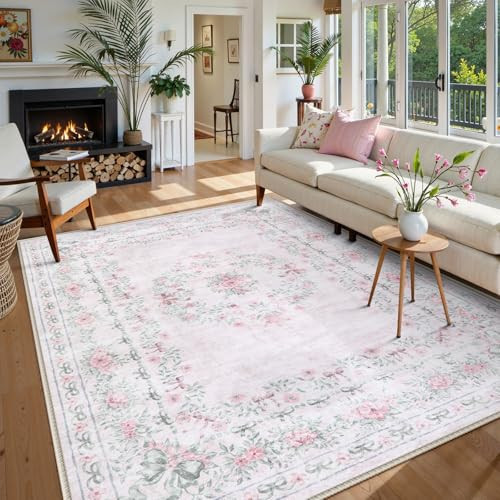Wonnitar Floral Bow Print 8x10 Area Rugs, Washable Pink Rugs for Bedroom Girls, Boho Ultra-Thin Soft Non Slip Carpet for Nursery Living Room Kids Room Classroom Decor, Light Pink | Amazon (US)
