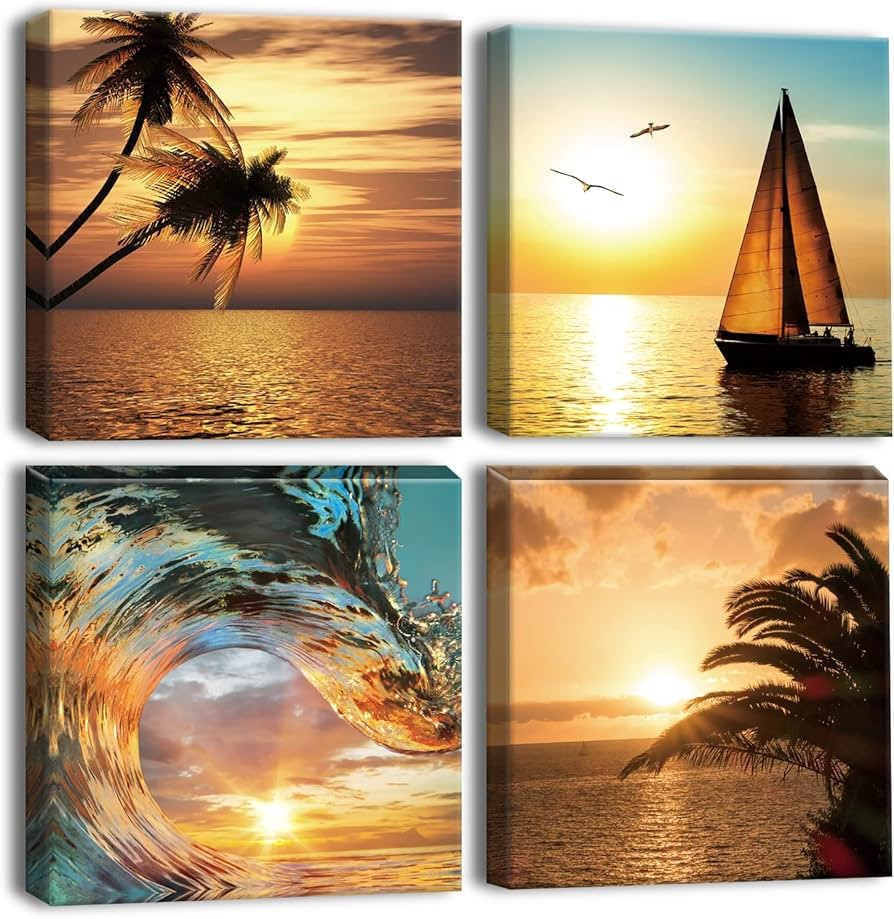 Artscope 4 Pieces Wall Art Canvas Prints - Coconut Tree Sailboat and Sea Picture Painting - Moder... | Amazon (UK)