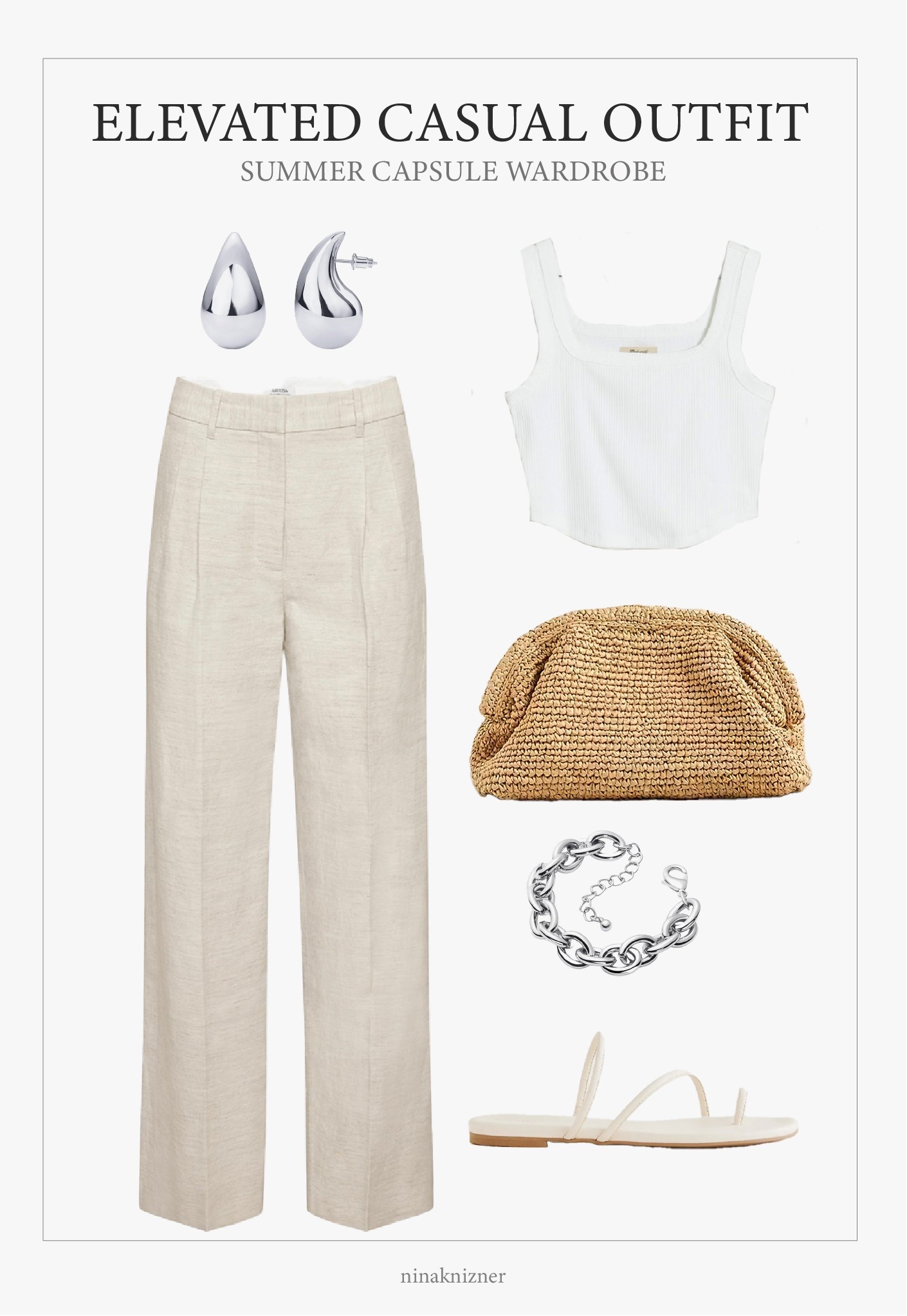 Elevated neutral summer outfit. Perfect for lunch or dinner dates.

Capsule linen pants paired with a straw clutch, a white crop tank, and ivory strappy sandals. The silver jewelry balances the warm tones of the fit.


#summeroutfit #capsulewardrobe #modernluxe #quietluxury #neutraloutfits #dateoutfit #aritzia

#LTKStyleTip #LTKSeasonal #LTKxMadewell