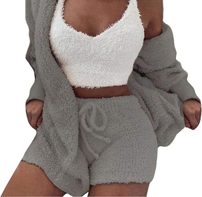 Famnbro Womens Sexy 3 Piece Outfits Fuzzy Fleece Open Front Hooded Cardigan + Crop Top Shorts Set... | Amazon (US)