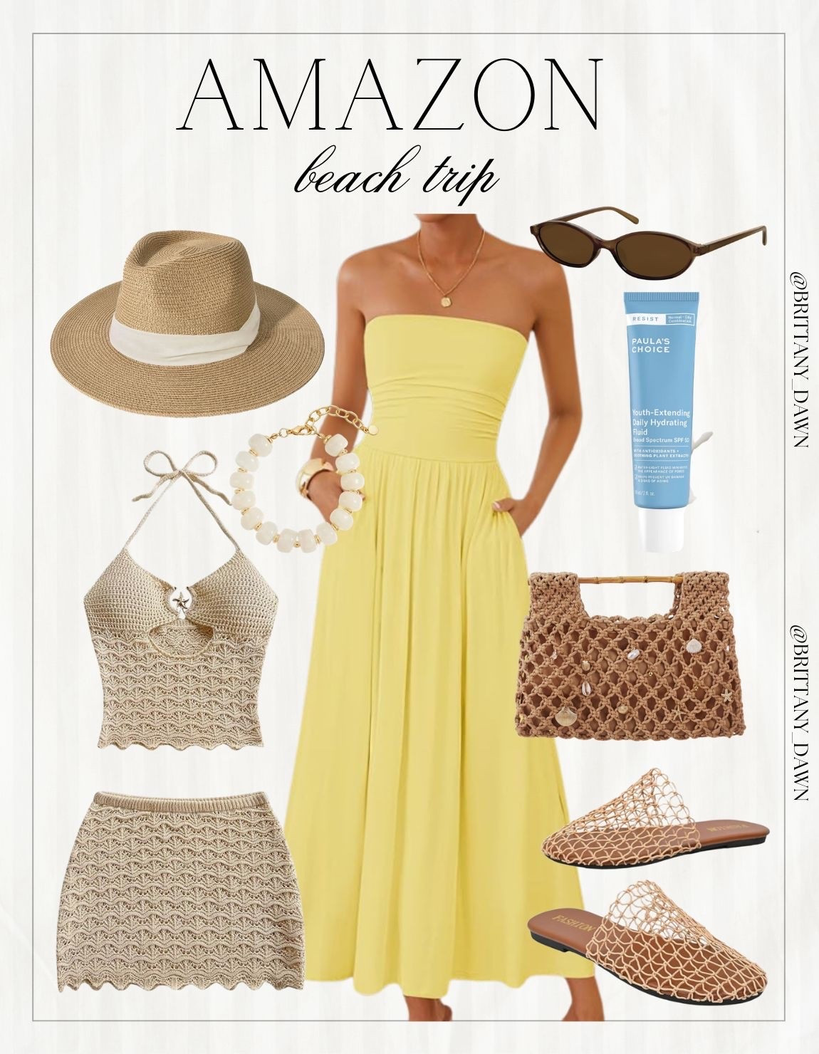 I am completely obsessed with this vibrant sunny look for a tropical getaway! This bright yellow strapless midi dress is so breezy, comfortable, and perfect for warm beach days. 🌊🕶️

I paired it with a crochet two-piece set, woven mesh slides, a straw sun hat, and a net shoulder bag with shell details. 🌞

#LTKstyletip #AmazonFashion #BeachVacation #SummerStyle #ResortWear #VacationOutfit #BeachDay #AmazonFinds #BrittanyDawn

#LTKSwim #LTKTravel #LTKSeasonal