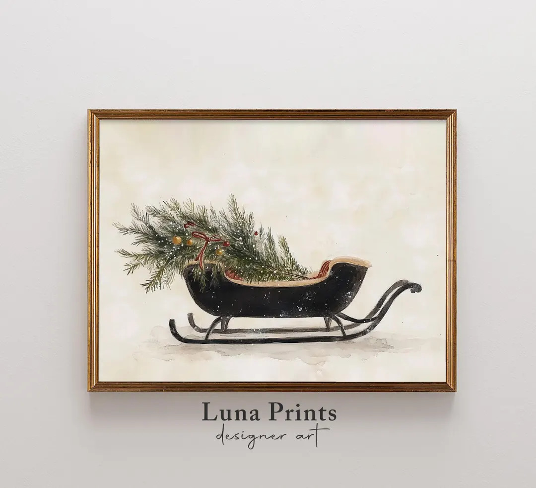 Holiday Art, Sleigh Print, Printable Christmas Art Wall Decor, Winter Holiday Painting 10-355 - E... | Etsy (US)