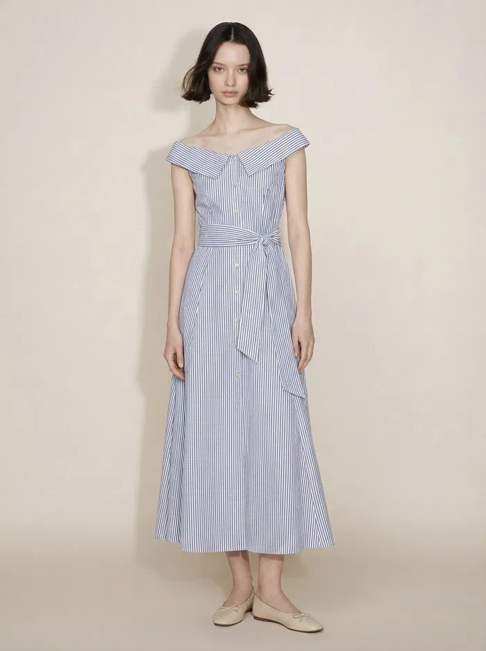 Claudia Off Shoulder Striped Dress in Cotton | Fabrique