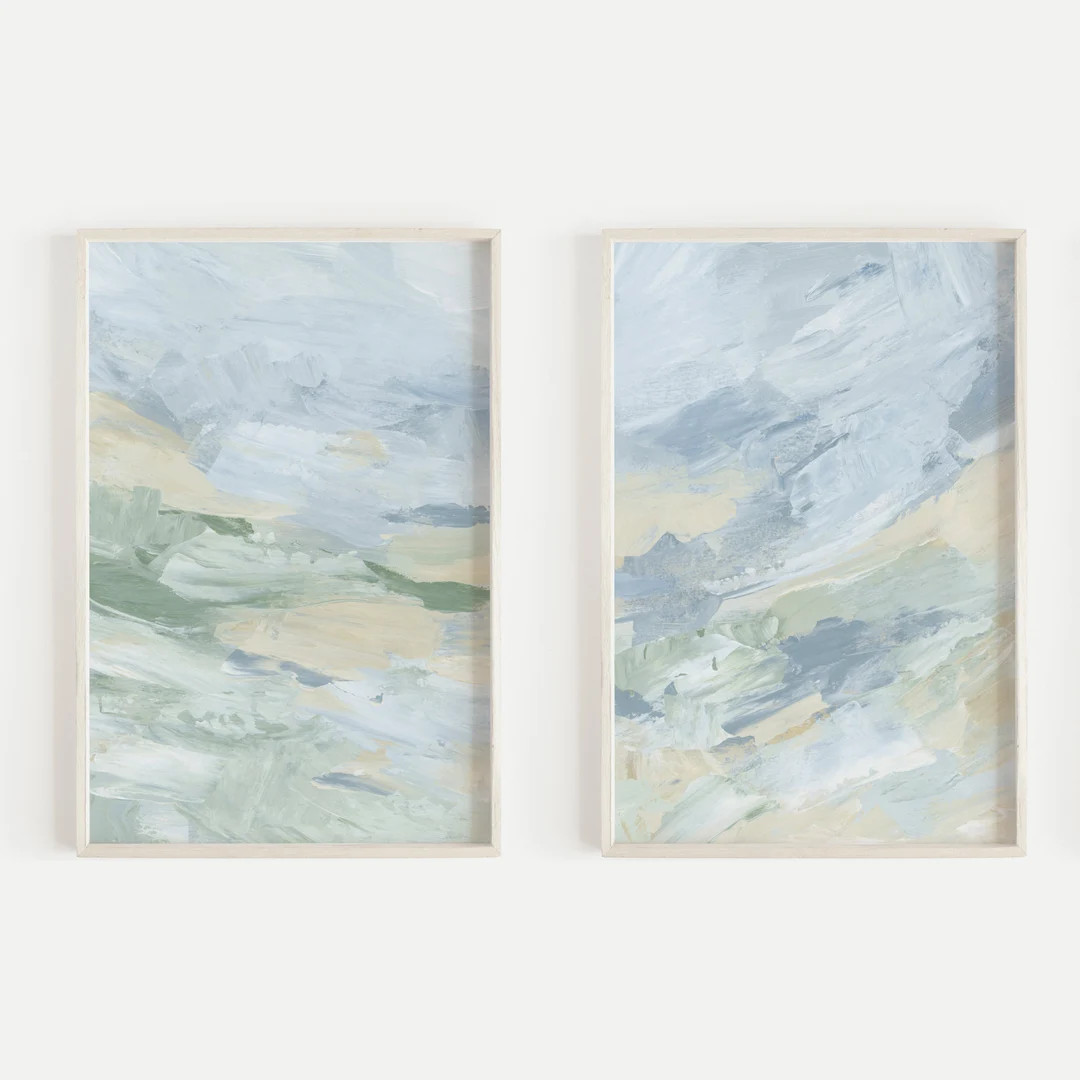 Beach Artwork Blue Green Beige Modern Coastal Grandmother Decor 2 Piece Set Diptych | "Spring Sea... | Etsy (US)