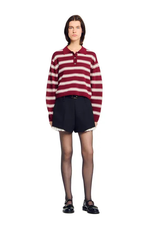 SANDRO Wool Striped Polo Sweater in Bordeaux at Nordstrom, Size Medium | Nordstrom