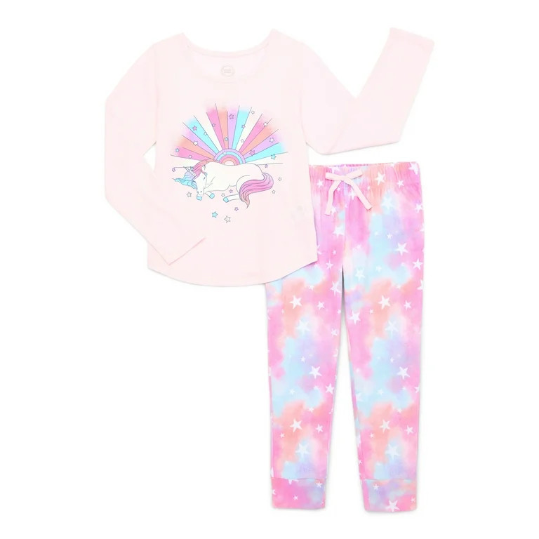 Wonder Nation Girls Long Sleeve Top with Jogger Pants, 2-Piece Pajama Sleep Set, Sizes 4-16 Plus | Walmart (US)