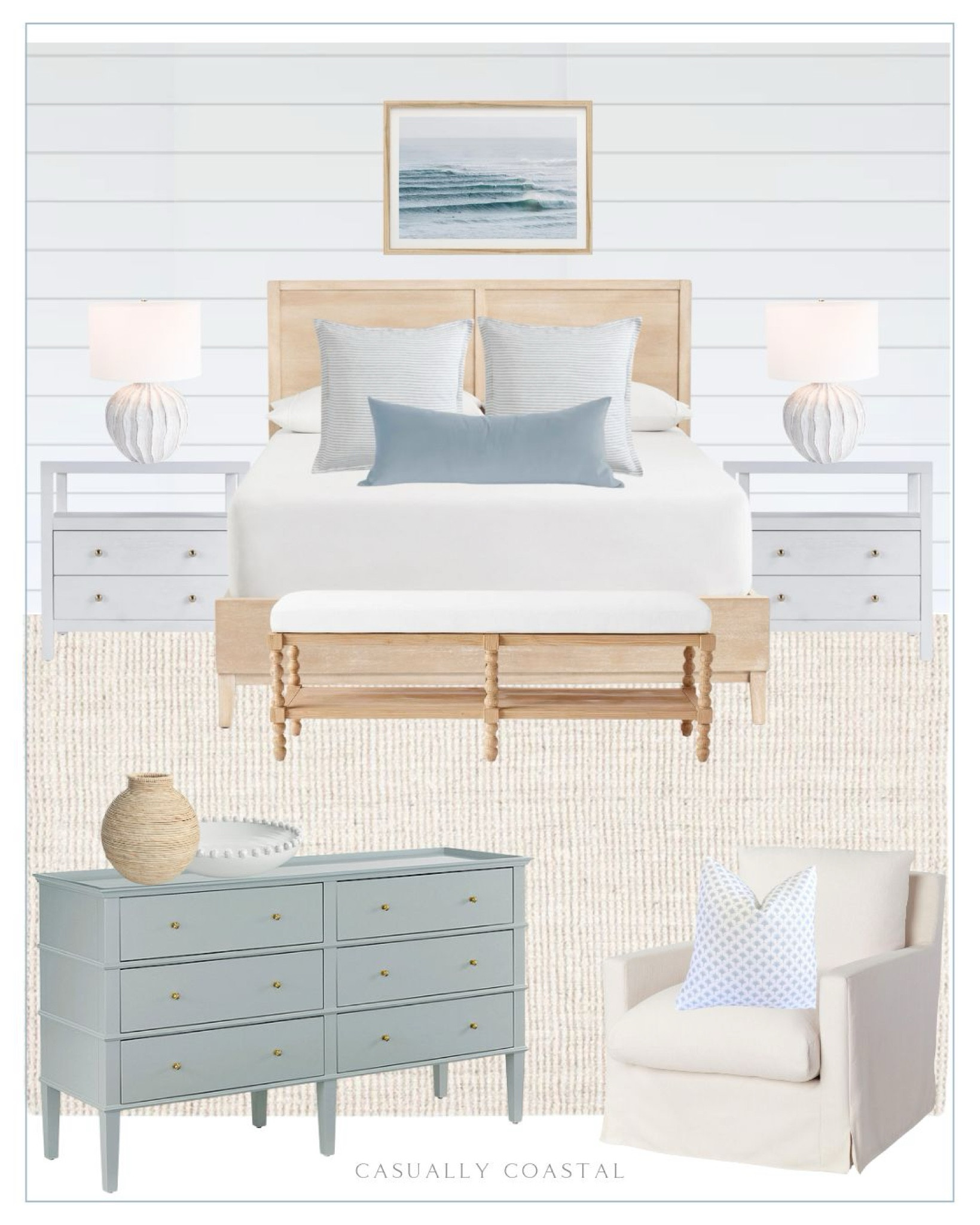 Beachy primary bedroom inspiration! Rug, dresser, nightstand and several other pieces currently on sale! 
----
Coastal home, coastal home decor, coastal primary bedroom, master bedroom ideas, beach house bedroom, lake house bedroom, beachy bedroom, neutral bedroom, primary bedroom decor, coastal bedroom decor, linen duvet cover set, blue duvet covers, king size bedding, queen size bedding, blue duvet, coastal duvet, coastal dresser, blue dresser, wrapped decorative vase, coastal vase, dresser decor, ceramic decorative bowl, Etsy artwork, coastal artwork, ocean artwork, bedroom artwork, beach artwork, surf framed artwork, Etsy pillows, soft blue palm tree pillows, European linen euro sham, striped euro sham, light blue velvet lumbar rectangular pillow, bed pillow styling, jute rug, coastal rug, bedroom rug, neutral rug, woven rugs, natural rugs, 9x12 rugs, 8x10 rugs, 5x8 rugs, feather filled swivel chair, neutral chair, accent chair, bedroom chair, Serena & Lily bench, coastal bench, bedroom bench, bench for foot of bed, Amazon bed pillows, Amazon linen duvet cover set, 2-drawer nightstand, coastal nightstand, white nightstands, wide nightstands, nightstands with drawers, nightstands with shelf, Wayfair bedroom decor, coastal ceramic table lamp, pottery barn bed, coastal bed, natural wood bed, queen size beds, king size beds, white lamps, nightstand lamps, coastal lamps, TJ Maxx lamps, textured white lamps

#LTKSaleAlert #LTKFindsUnder100 #LTKHome