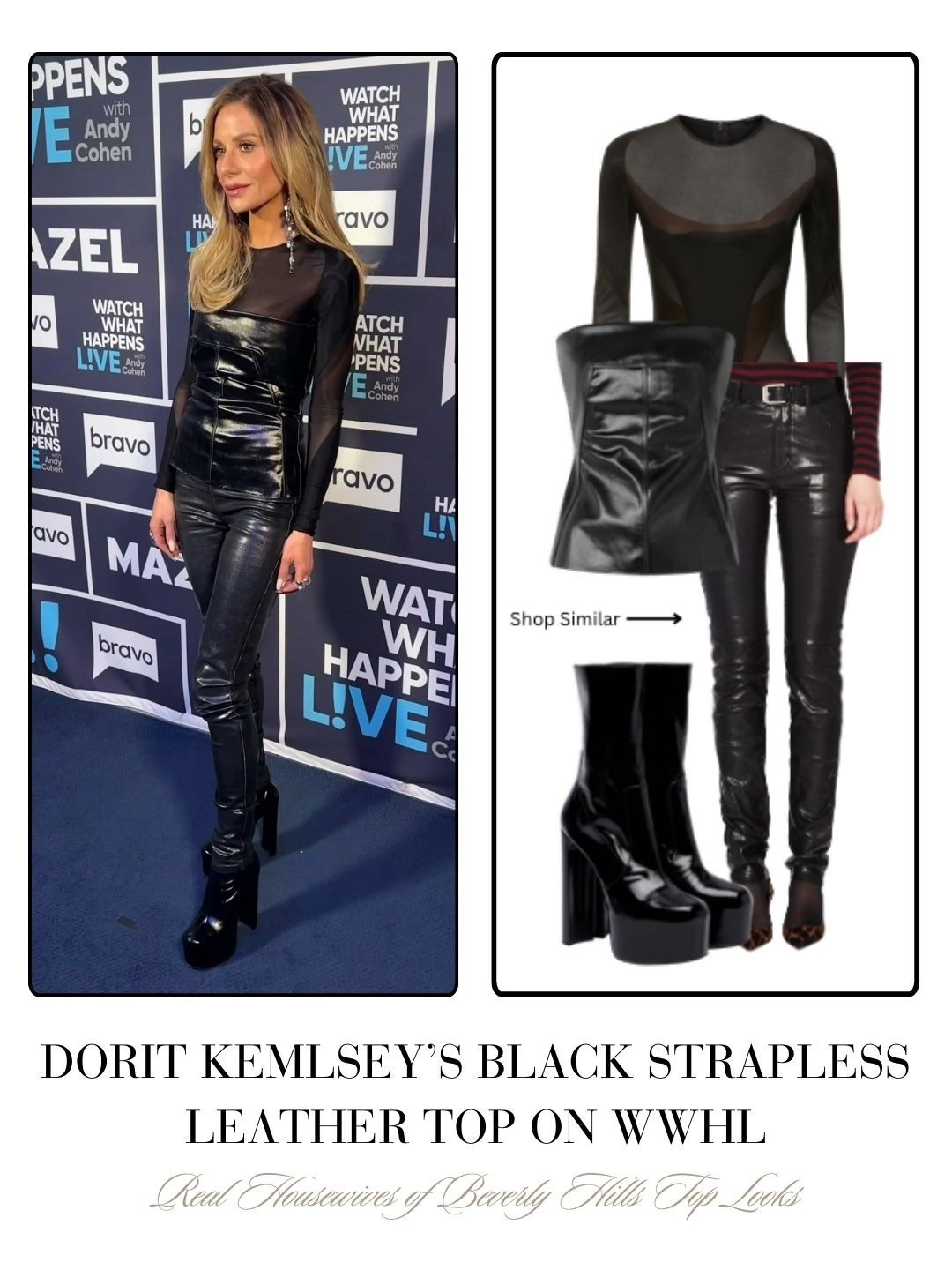 Dorit Kemsley’s Black Strapless Leather Top on WWHL 📸 = @bravowwhl 
