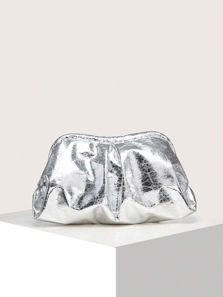 1pc Retro Metallic Color Denim Clutch Bag With Flower, Tropical Plant, Cloud, Pleats Detail | SHEIN