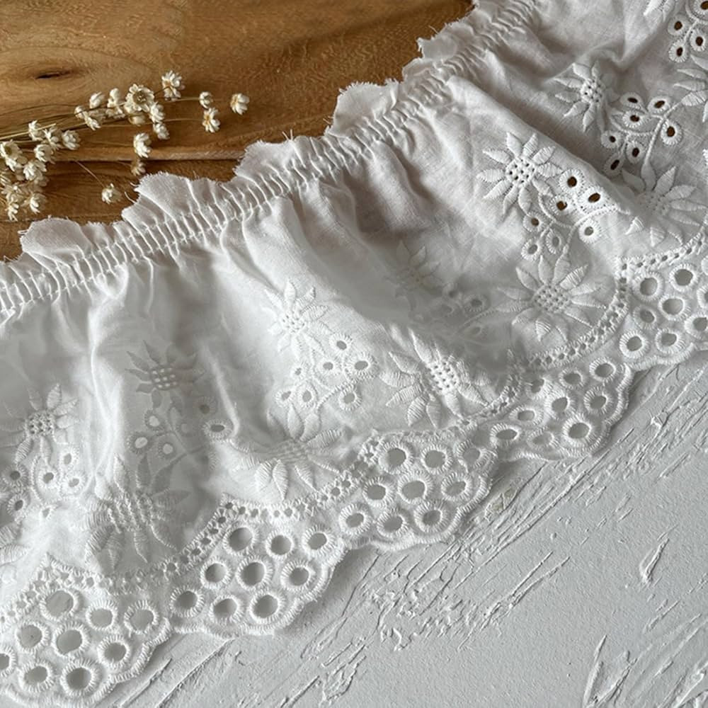 Eyelet Cotton Lace Trim White Embroidery Flower Ruffle Ribbon Pleated Edge Trim for Cuffs Skirt D... | Amazon (US)