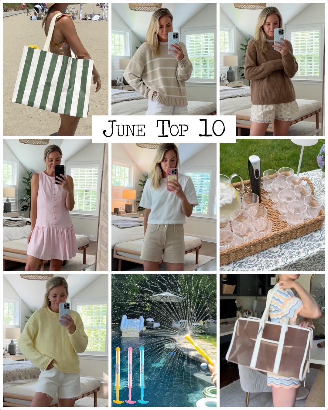 June Top 10 follower favorites! 
1. Mesh beach tote 
2. Sprinkler water guns
3. Yellow sweater (small/tts - shorts also tts) 
4. Acrylic glasses 
5. Tan denim shorts (26,tts - small tee) 
6. Pink linen mini dress (I’m 5’5 wearing a small,tts) 
7. Floral shorts (small/tts - medium sweater) 
8. Striped cotton sweater (sized up 1 to a medium) 
9. Green stripe beach bag 
10. Americana swim trunks

#LTKSaleAlert #LTKKids #LTKmomlife