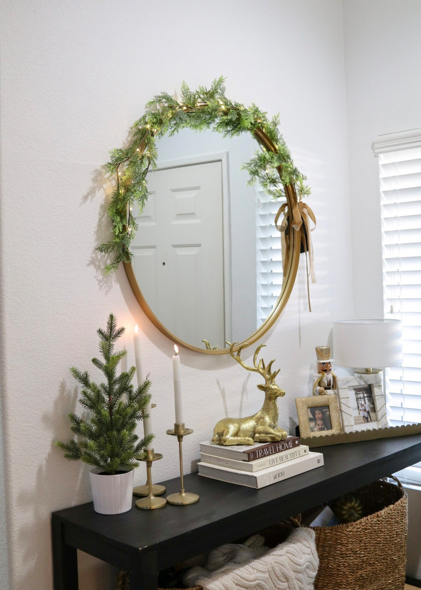 Entryway holiday decor, please note: there are 2 of the linked pre-lir garlands on the circle mirror.

#LTKHoliday #LTKHome #LTKSeasonal