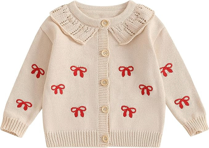 Baby Girl Bow Sweater Cardigan Open Front Button Down Long Sleeve Knitwear Coat Toddler Fall Spri... | Amazon (US)