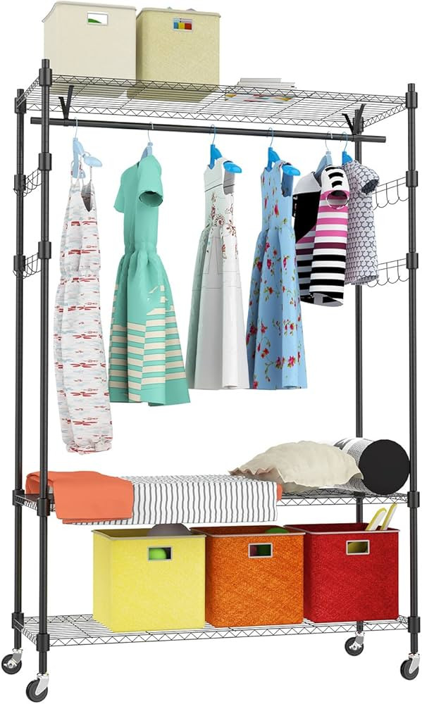 Heavy Duty Rolling Garment Rack 3-Tiers Wire Shelving W/Hanger Bar & Lockable Wheels & 2 Pair Sid... | Amazon (US)