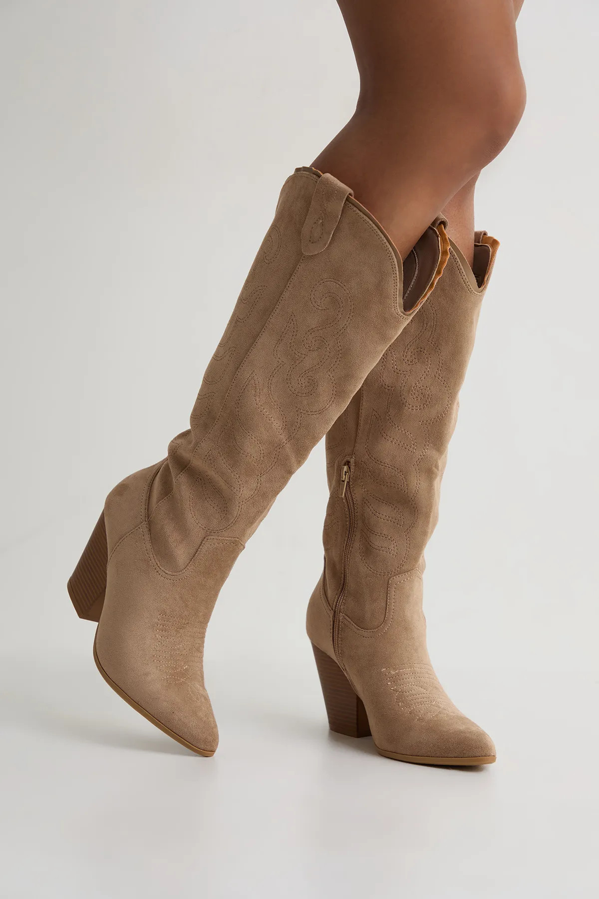 Taupe Faux Suede Embroidered Knee High Western Cowboy Boots | Boohoo | Boohoo.com (UK & IE)