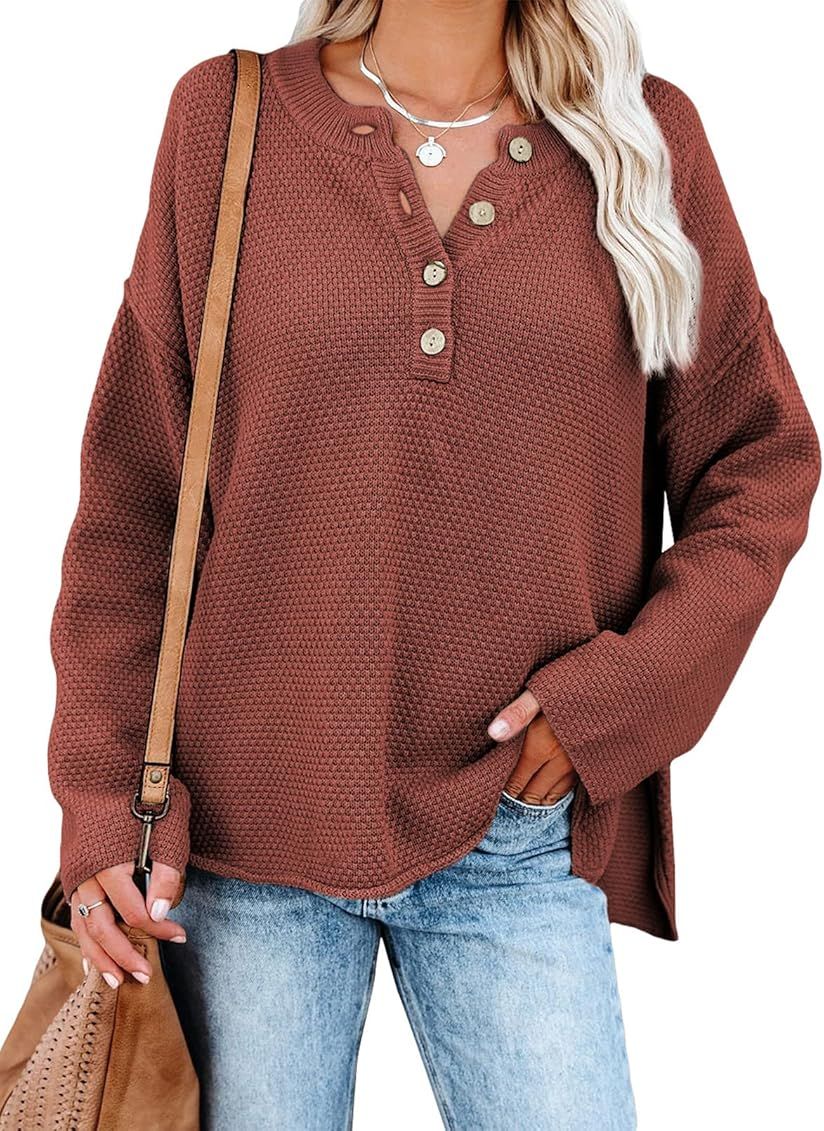 SHEWIN Women's Waffle Knit V Neck Sweater Casual Long Sleeve Side Slit Button Henley Pullover Jumper | Amazon (US)