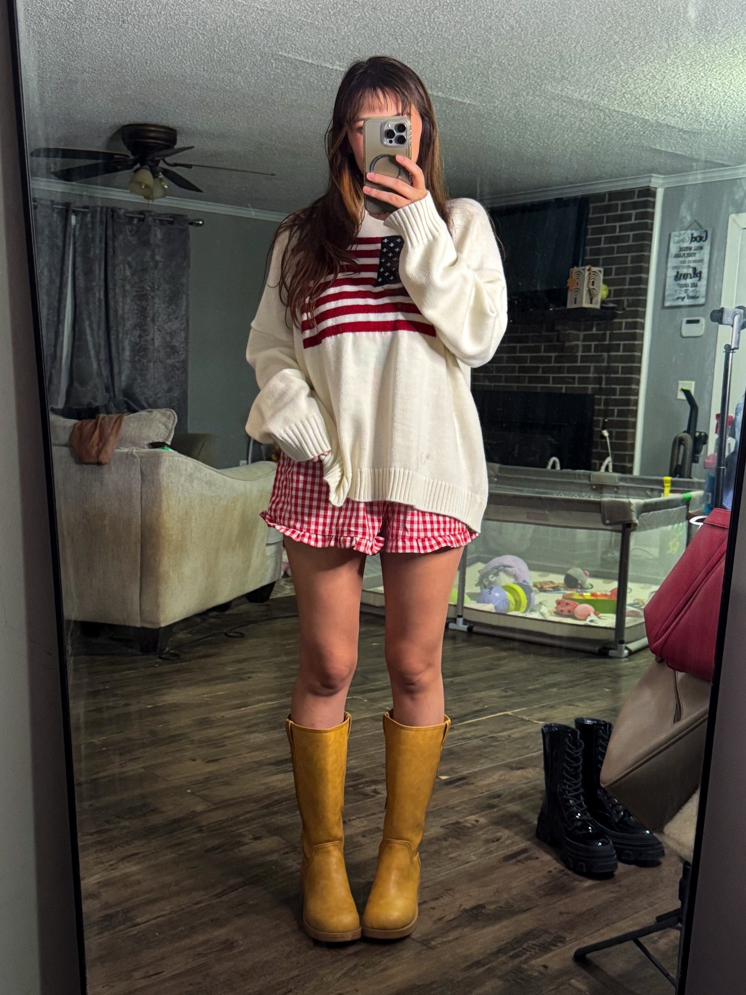 Cute summer to fall transition outfit ootd with gingham shirts and banana boots

#LTKFindsUnder50 #LTKStyleTip #LTKShoeCrush