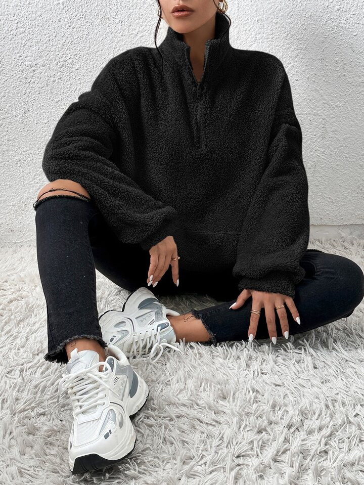 SHEIN EZwear Half Zip Drop Shoulder Teddy Sweatshirt | SHEIN