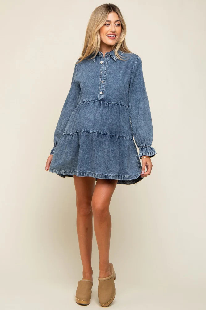 Blue Denim Long Sleeve Tiered Maternity Dress | PinkBlush Maternity
