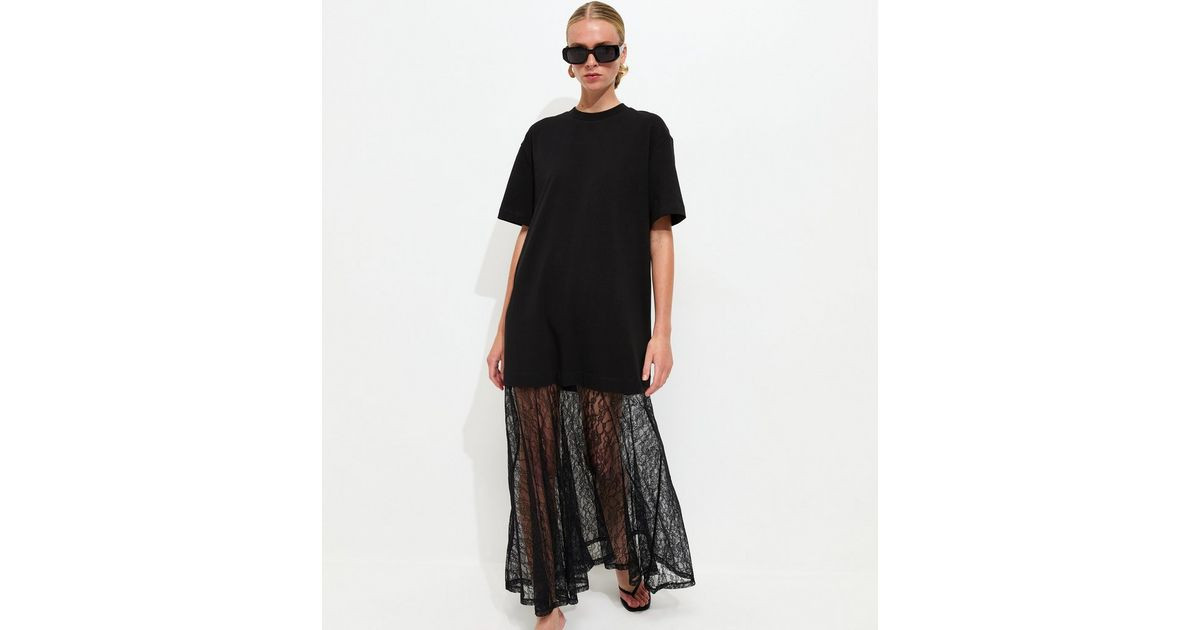 Black Lace Hem T-Shirt Midi Dress | New Look | New Look (UK)