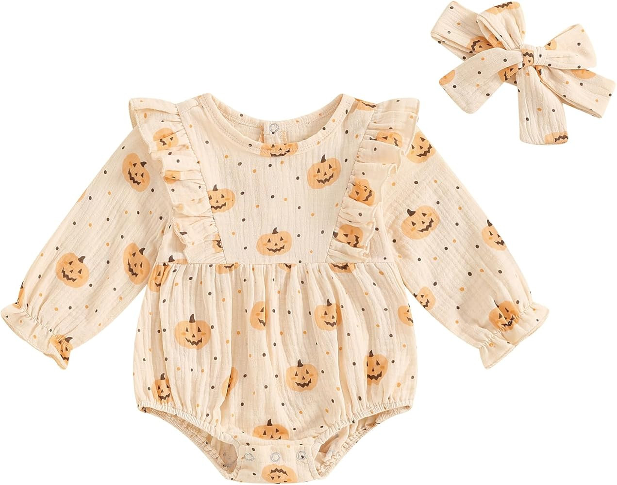 Newborn Baby Girl Halloween Pumpkin Bubble Romper Long Sleeve Ruffle Bodysuit Jumpsuit + Headband... | Amazon (US)