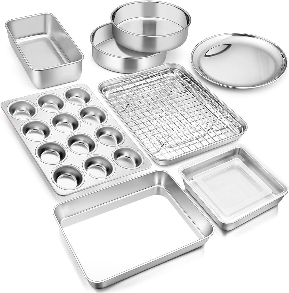 E-far 10-Piece Baking Pans set, Stainless Steel Bakeware Set for Oven, Include Cake Pan/Baking Co... | Amazon (US)