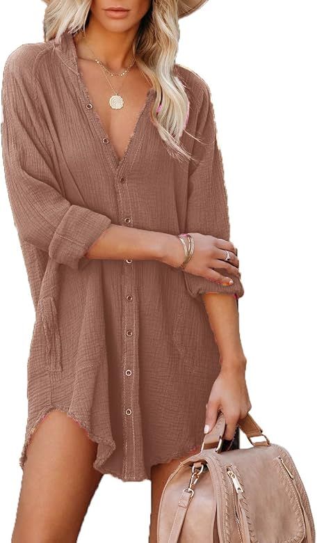 Paintcolors Women's Long Sleeve Cotton Button Down Tunic Dresses Beach Cover-ups Oversized Blouse... | Amazon (US)