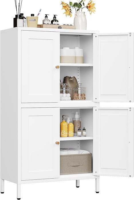 White Storage Cabinet with 4 Doors and 2 Adjustable Shelves,Narrow Food Pantry Cabinet with Leg,2... | Amazon (US)