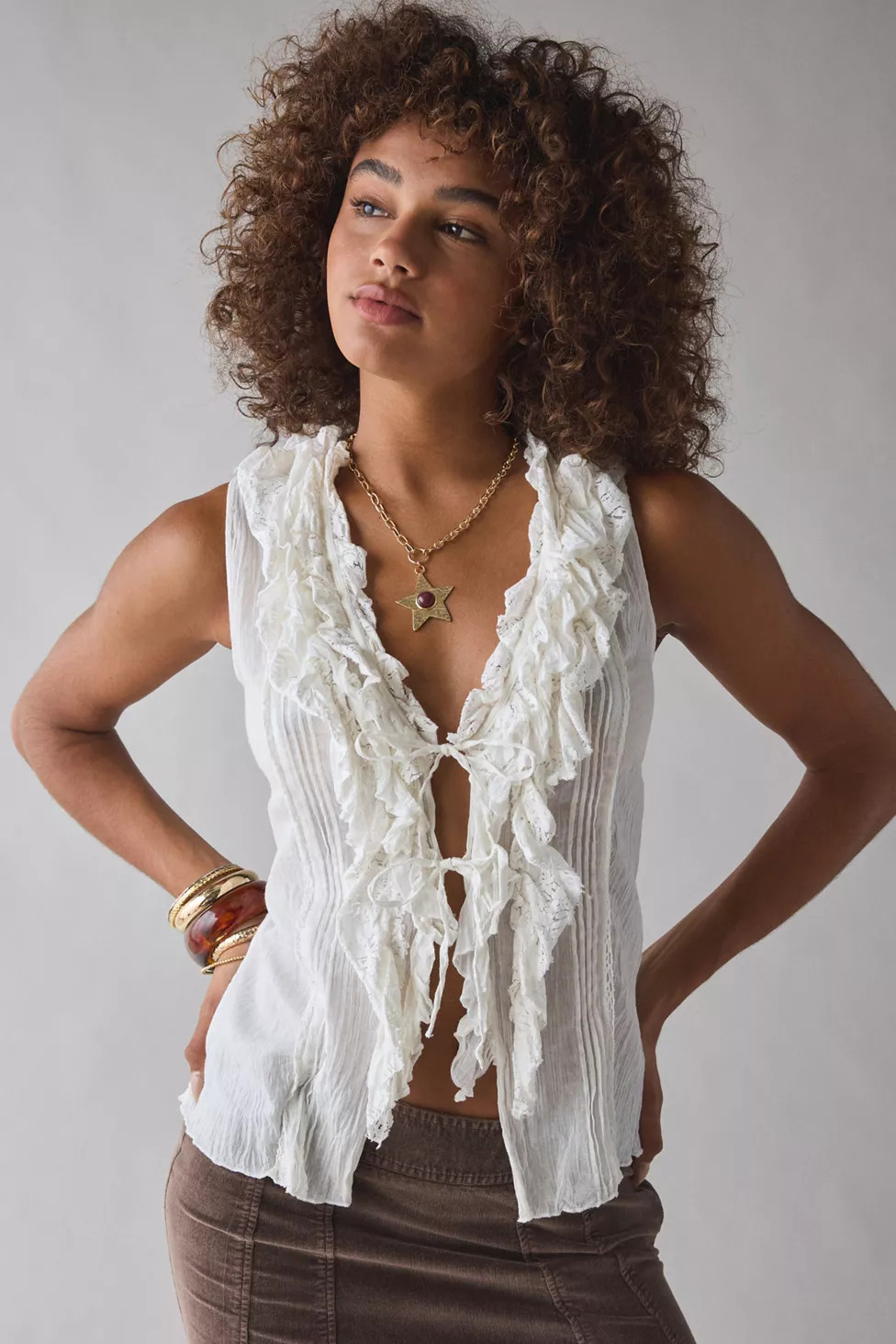 Kimchi Blue Clara Cascading Ruffle Tie-Front Tank Top | Urban Outfitters (US and RoW)