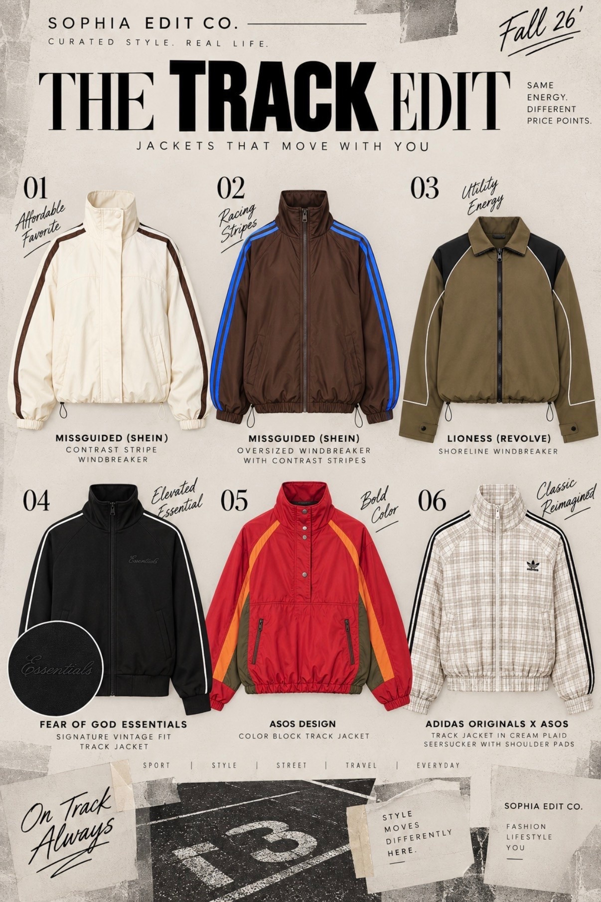 The Track Edit.
Sport-inspired jackets, edited through my point of view. From elevated essentials to bold color and unexpected details—six picks that make the track jacket feel a little less expected.

Which one makes your edit?