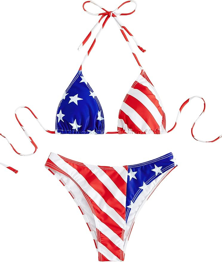 WDIRARA Women's Halter Triangle Bikini Striped American Flag Print 2 Piece Swimsuit | Amazon (US)