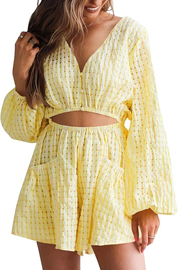 Tongmingyun Womens Summer Rompers Casual Long Sleeve V Neck Flowy Cutout Beach Short Jumpsuits wi... | Amazon (US)