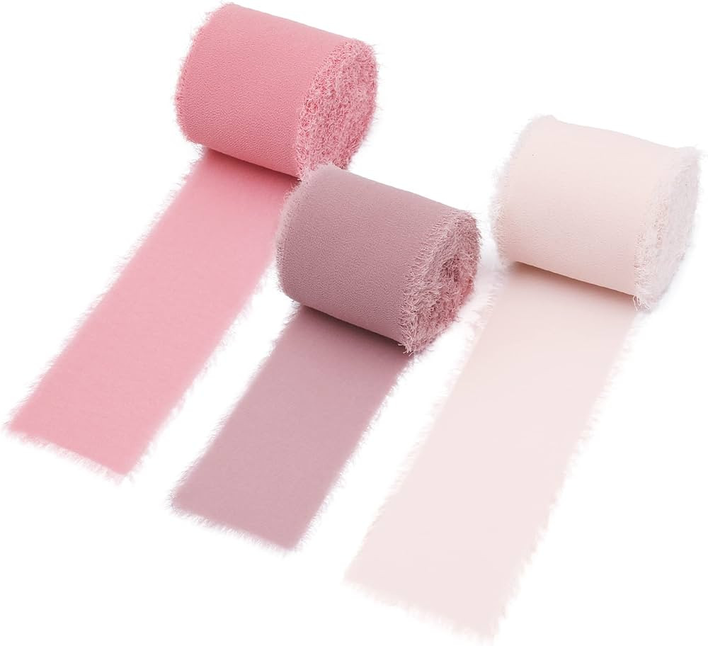DORIS HOME 3 Rolls 2"x7Yd Fringe Chiffon Ribbon for Flower Bouquet, Handmade Pink & Dusty Rose Ri... | Amazon (US)
