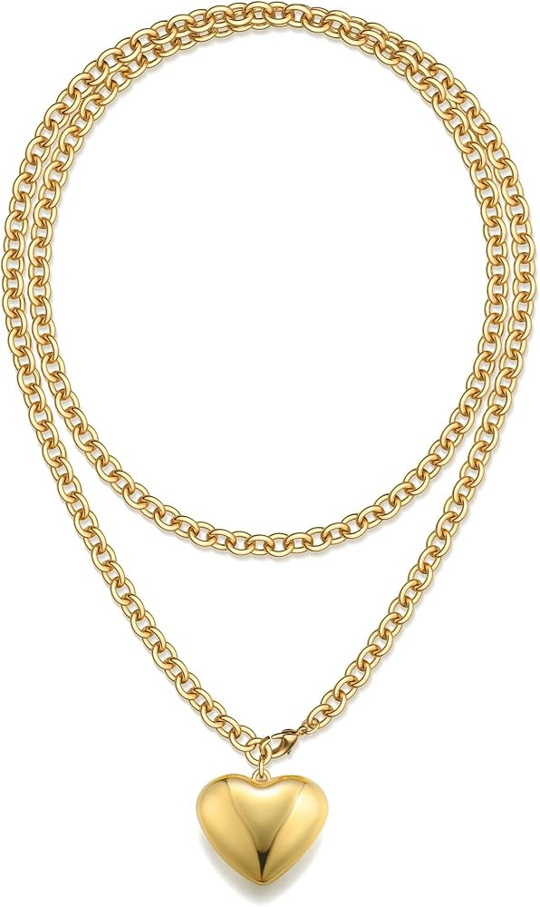 TEN MIRO Chunky Gold Heart Necklace for Women Long Layered Puffy Heart | Amazon (US)