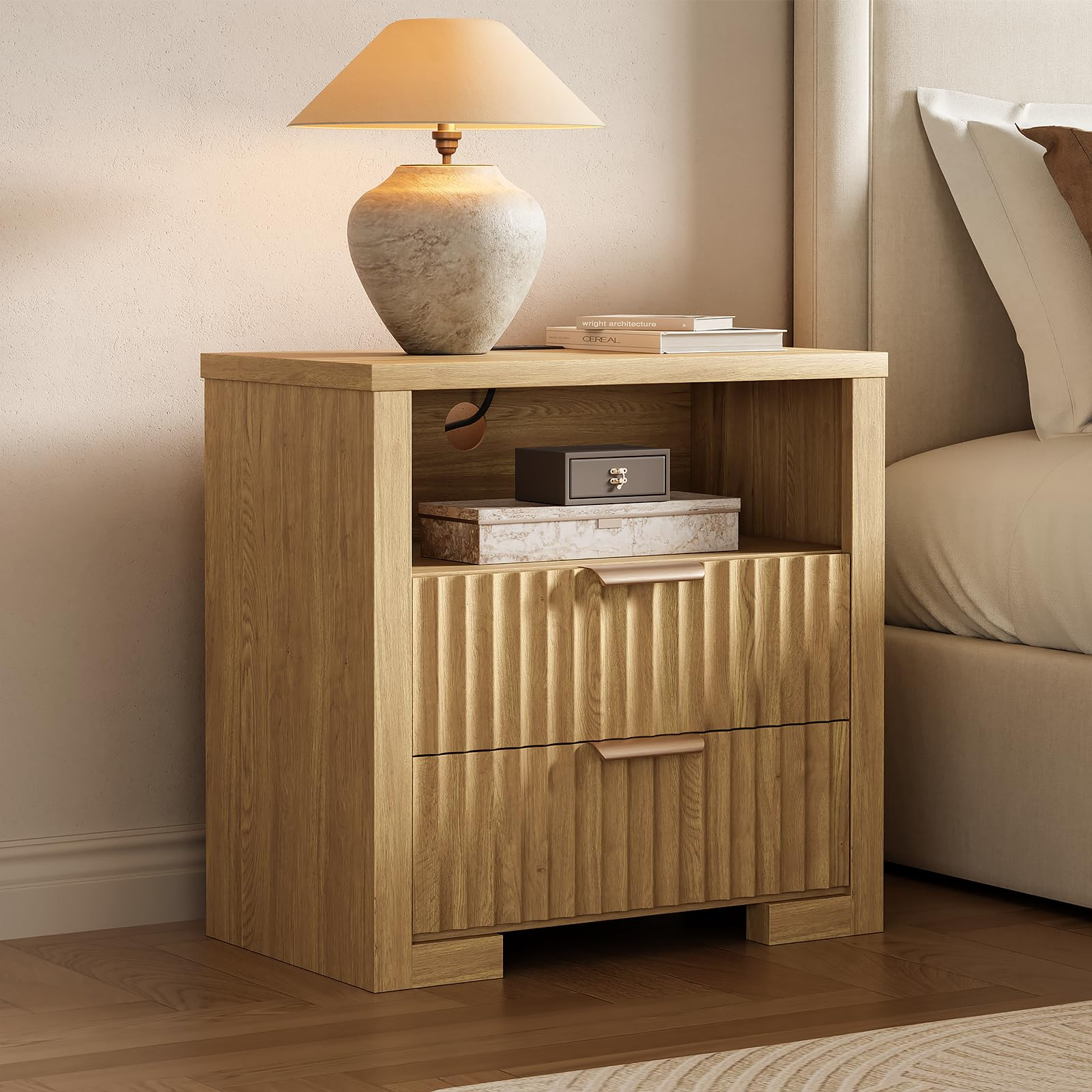 24" Fluted Night Stand with Charging Station, Wooden End Table with 2 Drawers and Storage Shelf, ... | Amazon (US)