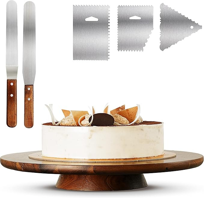 Amazon.com: RABAHA 13" Acacia Wood Cake Stand Rotating – Rustic Cake Stand Set Turntable with 2... | Amazon (US)