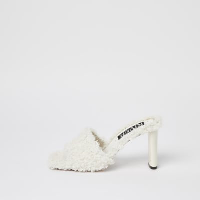 Cream borg heeled mules | River Island (UK & IE)