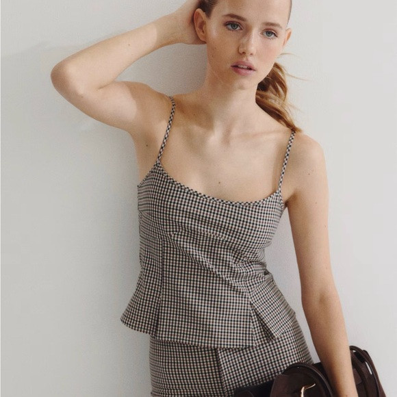 H&M Checked Spaghetti Strap Peplum Top — Black & Brown | Poshmark