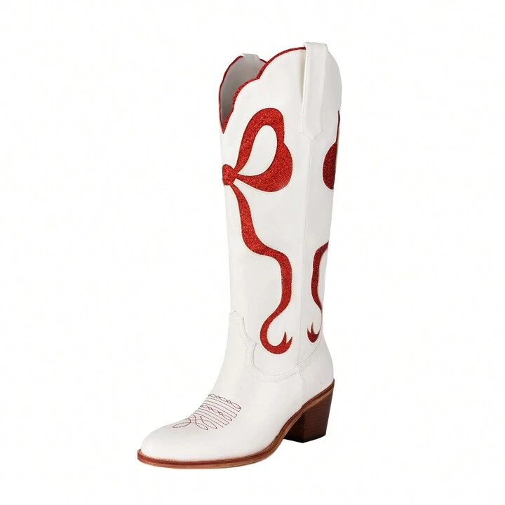 Women's White Cowgirl Boots With Glitter Bow Knee High Cowboy Boots Almond Round Toe Chunky Heel ... | SHEIN