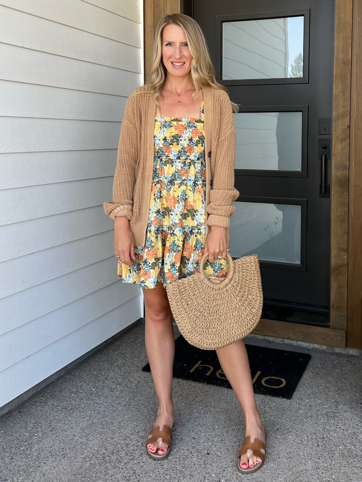 Summer to fall outfits with this dress from Abercrombie that’s on sale! Paired with this Jenny Kayne cocoon cardigan and straw bag for the perfect fall outfit. 

#LTKstyletip #LTKsalealert #LTKunder100