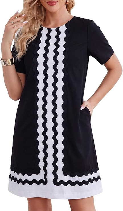 Kedera Women's Summer Shift Dress Short Sleeve RIC Rac Trim Mini Dress Color Block A-Line Tunic S... | Amazon (US)
