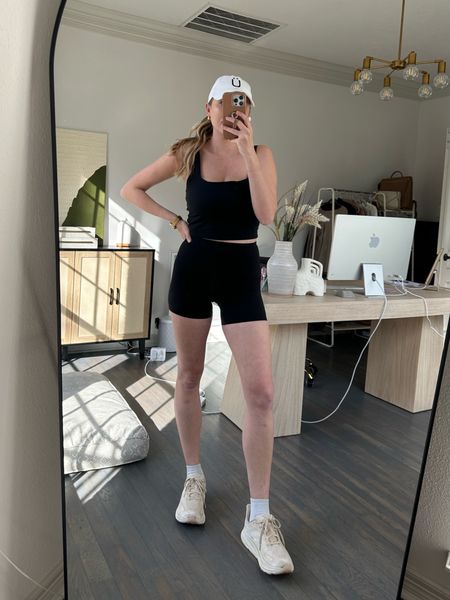 Hot girl walk outfit: sports bra tank in size M (nursing friendly for my fellow mamas!), bike shorts in small & my favorite walking/running shoes run true to size.

#LTKfitness