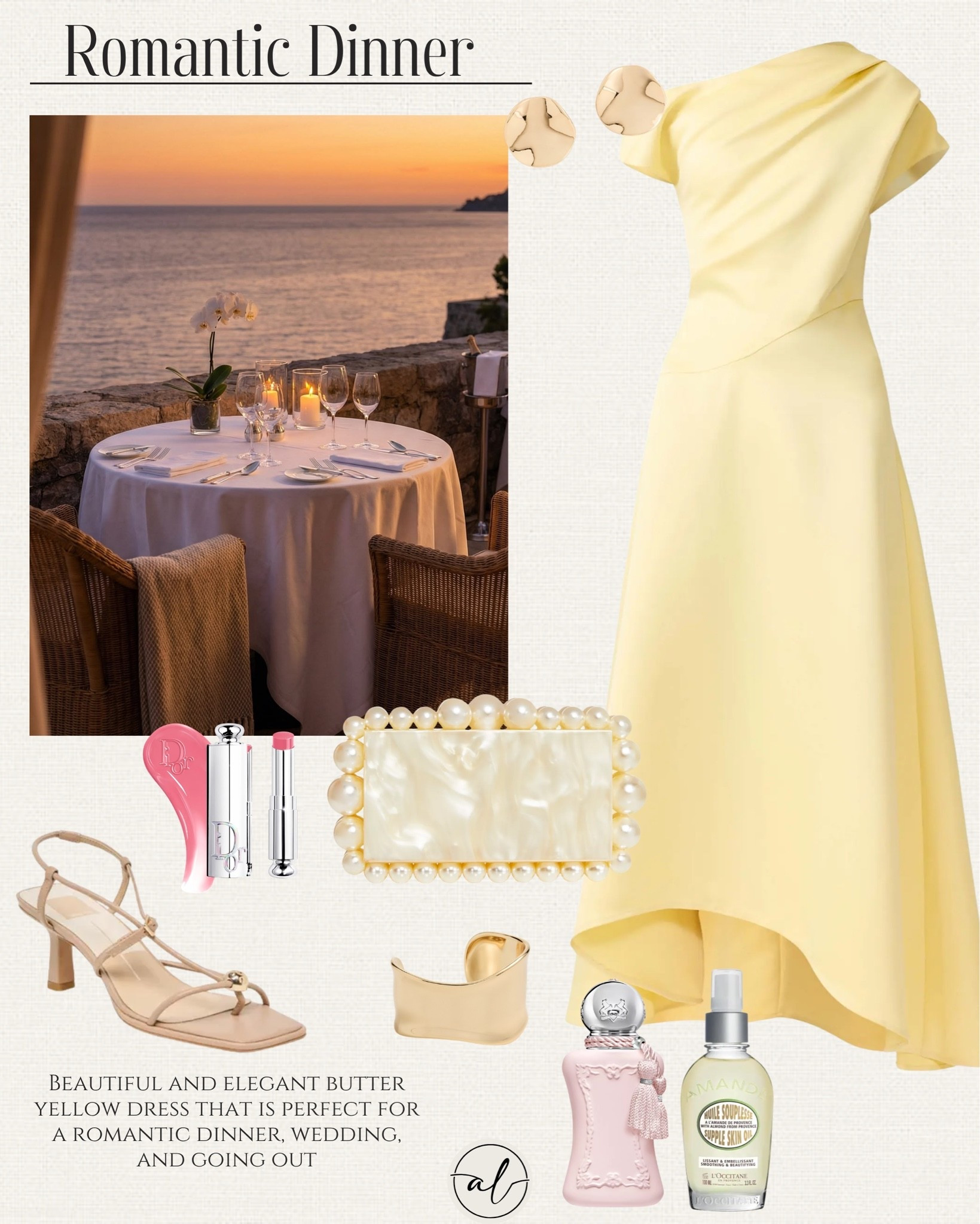 Romantic Dinner Outfit Ideas 
Beautiful and elegant butter yellow dress that is perfect for a dinner date, wedding guest or going out

#LTKU #LTKootd #LTKSeasonal