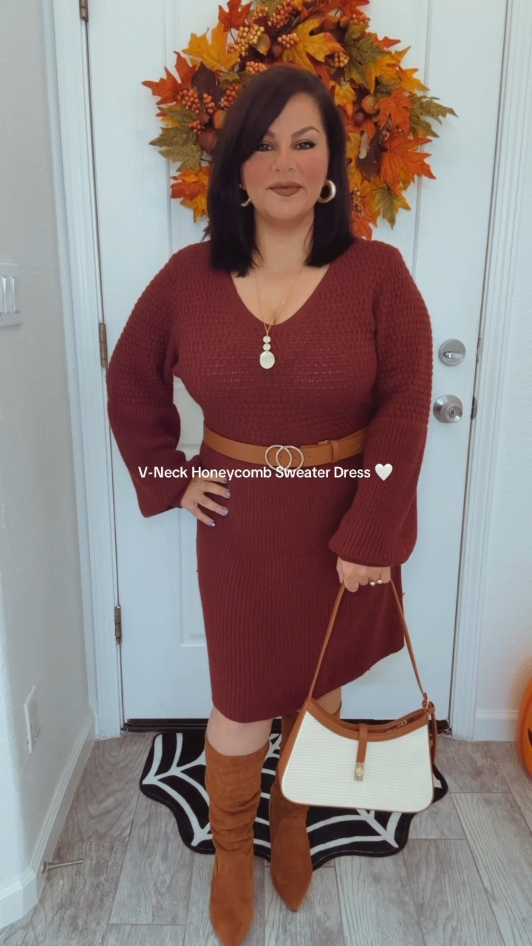 Living in sweater dresses until further notice 🤍 This V-neck honeycomb design is everything soft, flattering, and effortless. #LTKStyle #LTKFashion #SweaterDressLook