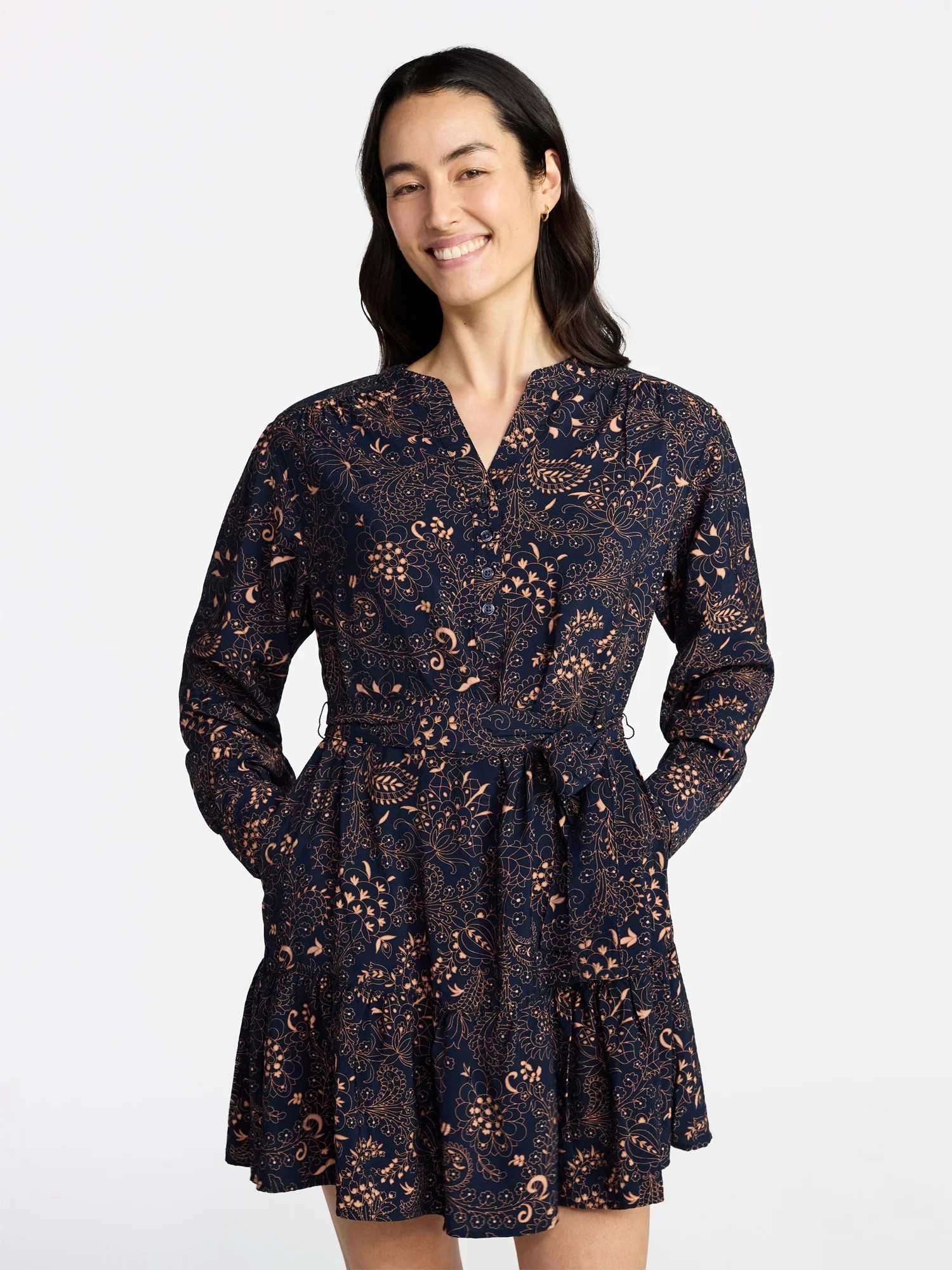 Time and Tru Women's Tiered Mini Dress with Long Sleeves, Sizes XS-XXXL | Walmart (US)