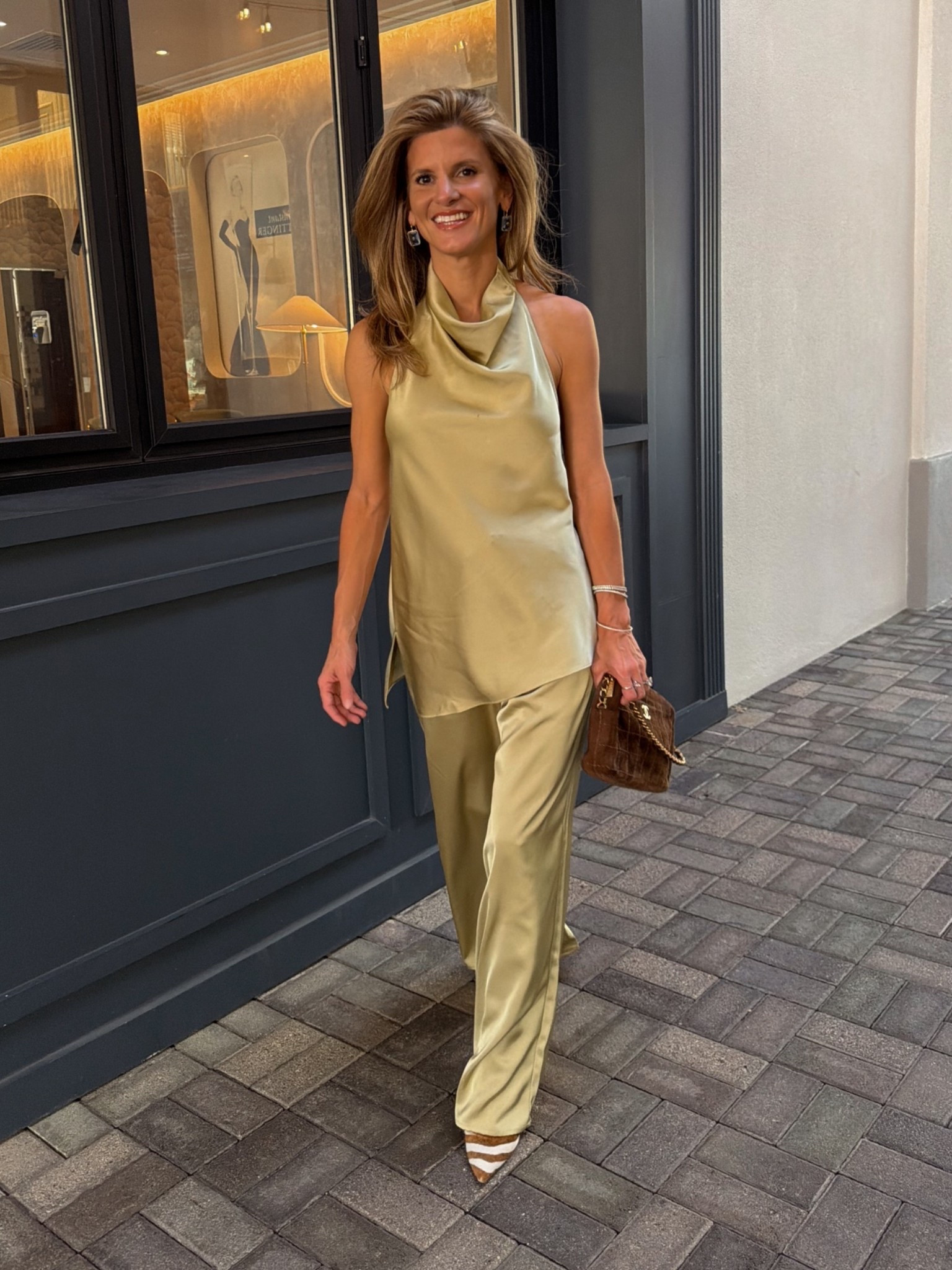 Chartreuse silk set I wore for kindergarten parents party. Heads up — I had to get the pants hemmed.

#LTKPetite