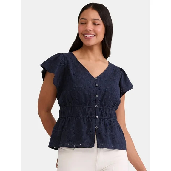 Time and Tru Women's Eyelet Peplum Top, Sizes XS-XXXL | Walmart (US)