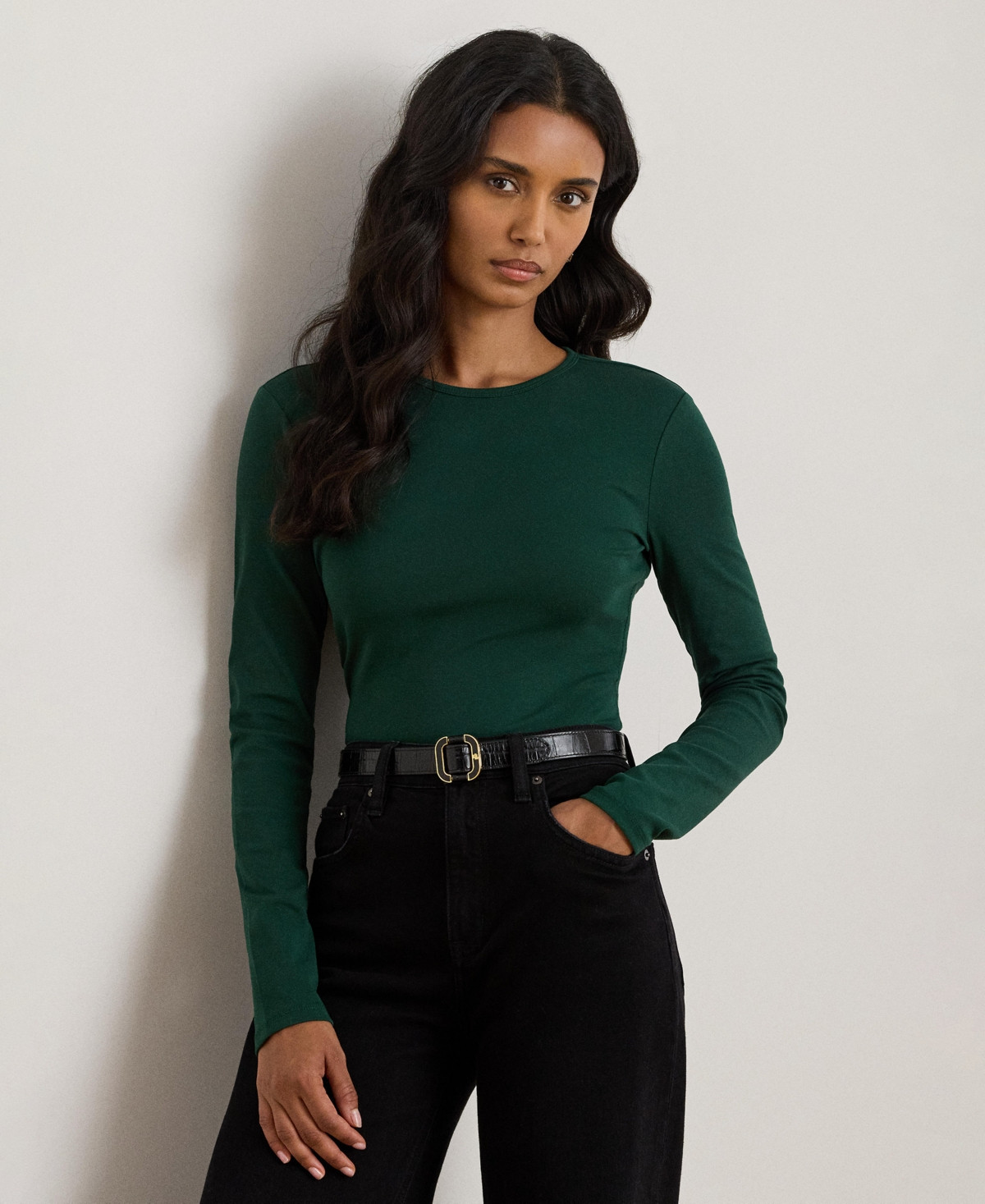Lauren Ralph Lauren Cotton-Blend Long-Sleeve Top - Green | Macy's