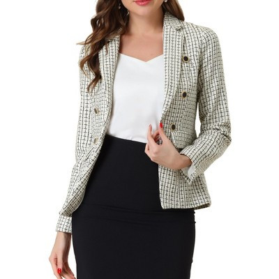 INSPIRE CHIC Women's Elegant Long Sleeve Open Front Buttons Decor Plaid Tweed Blazer Beige Sparkly Medium | Target